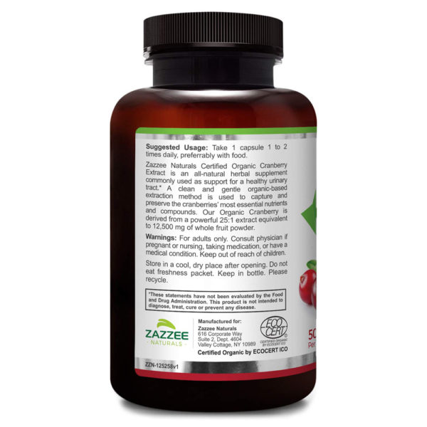Zazzee Naturals Organic Cranberry Extract 100 Capsules - Supplement Facts