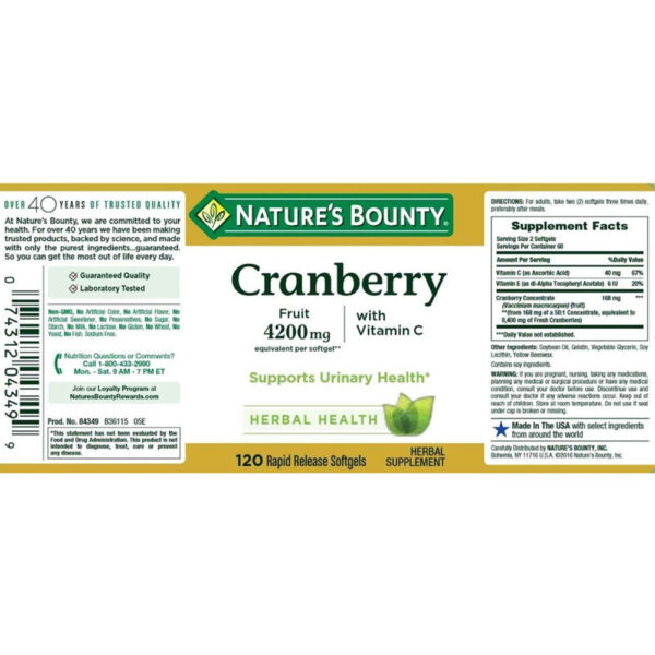 Nature's Bounty Cranberry 4200 mg 120-250 Softgels